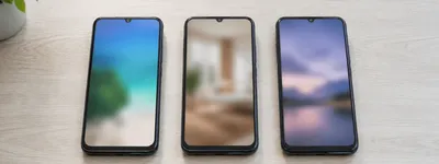 Três smartphones lado a lado sobre uma mesa de madeira clara, cada um exibindo uma tela diferente — representando os três canais de venda comparados no artigo