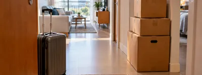 Mala de viagem junto à porta de apartamento mobiliado, com caixas de mudança empilhadas no corredor ao lado