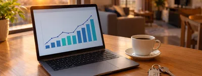 Notebook aberto em mesa de madeira com gráfico de campanha na tela, ao lado de xícara de café e chave de imóvel