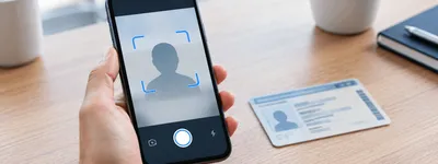 Mão segurando um celular em posição de selfie de verificação, com um documento de identidade genérico apoiado ao lado
