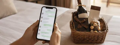 Mãos segurando um celular com uma conversa de WhatsApp aberta, ao lado de uma cesta de vime com vinho, chocolates e um mimo embrulhado sobre a cama do hóspede