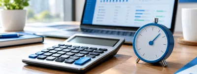 Calculadora ao lado de um cronômetro sobre uma mesa de escritório, representando o cálculo de tempo versus custo de um sistema de gestão