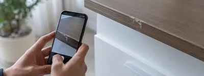 Mãos segurando um celular fotografando um risco/dano na quina de um móvel de madeira, ao lado de uma cômoda branca