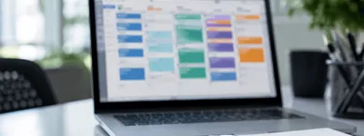 Notebook aberto sobre uma mesa exibindo um calendário semanal com várias colunas de cores diferentes, representando calendários de canais distintos lado a lado
