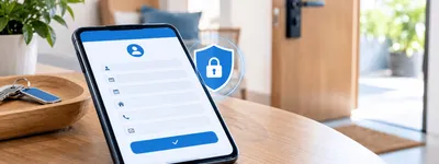 Celular exibindo um formulário de check-in digital simples sobre uma mesa de entrada, com um ícone discreto de cadeado sugerindo proteção de dados