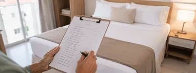 Pessoa preenchendo um checklist de vistoria numa prancheta, em frente a uma cama arrumada de quarto de temporada