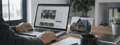 Gestor analisando anúncio de imóvel no notebook, com foto impressa da casa sobre a mesa