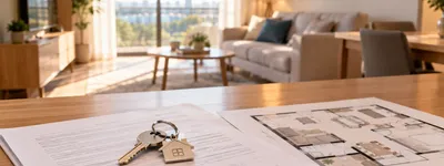 Chaves de apartamento sobre contrato e planta baixa em mesa, com sala mobiliada desfocada ao fundo