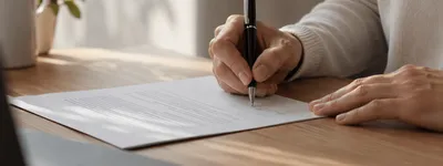Mão assinando um contrato impresso com caneta sobre uma mesa de madeira, com notebook aberto ao lado