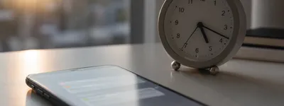 Celular deitado sobre uma mesa ao lado de um relógio analógico marcando por volta das 16h35, com luz do sol entrando pela janela ao fundo
