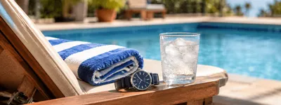 Espreguiçadeira de piscina com toalha de praia dobrada e um relógio de pulso sobre o braço da cadeira, ao lado de um copo com gelo derretendo, borda de piscina desfocada ao fundo