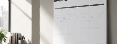 Calendário de parede com uma sequência inteira de dias marcados com X, representando dias vagos sem reserva