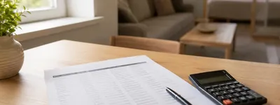 Relatório financeiro impresso com colunas de receitas e custos sobre mesa de madeira, ao lado de calculadora e caneta