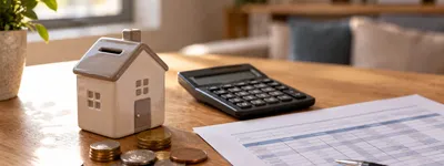 Cofrinho em formato de casa ao lado de calculadora e extrato com parcelas sobre mesa de madeira