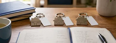 Três chaveiros de imóveis enfileirados sobre a mesa ao lado de um caderno com anotações de entradas e saídas do mês