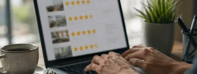 Mãos digitando num notebook cuja tela mostra uma lista de avaliações de imóveis com estrelas de review, xícara de café ao lado