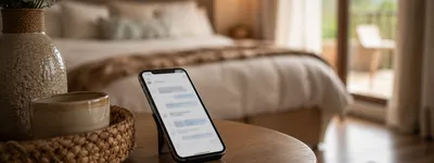 Celular apoiado em suporte sobre mesa de cabeceira exibindo uma conversa de mensagens, com cama arrumada e varanda ao fundo em um quarto de hospedagem
