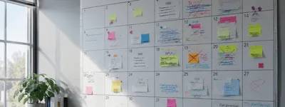 Calendário de parede com post-its em cada dia, alguns riscados com X, representando controle manual de reservas