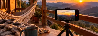 Celular em tripé filmando varanda de chalé com rede e vista para a serra ao entardecer