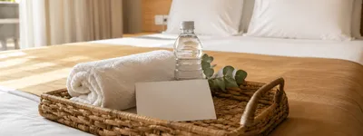 Bandeja de vime sobre a cama com toalha enrolada, garrafa de água, um ramo de folhas e um cartão de boas-vindas em branco