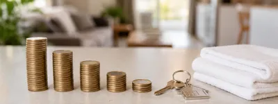 Moedas empilhadas em alturas diferentes ao lado de chave de imóvel e toalhas dobradas, sobre bancada clara