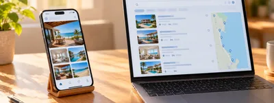 Smartphone exibindo feed de fotos de casa de praia ao lado de notebook com página de busca, em mesa iluminada pelo sol