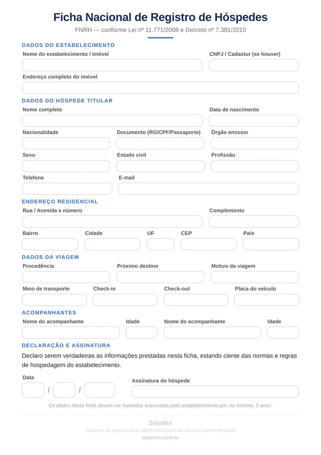 Prévia: Modelo de FNRH — Ficha Nacional de Registro de Hóspedes