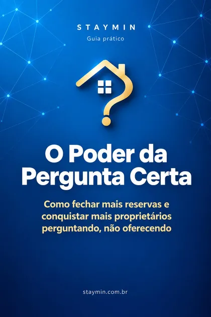 Capa do guia O Poder da Pergunta Certa, com um ícone de casa terminando em ponto de interrogação dourado sobre fundo azul