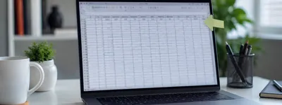Laptop aberto sobre mesa exibindo uma planilha extensa em branco, com um post-it amarelo em forma de seta colado na tela apontando para uma coluna