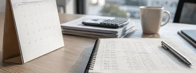 Calendário de mesa aberto ao lado de um caderno com tabela de preços anotada à mão, calculadora e xícara de café sobre a mesa