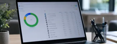 Laptop aberto sobre mesa de madeira exibindo um dashboard com gráfico de rosca colorido em verde, azul e amarelo ao lado de uma lista de itens, vaso de planta e porta-canetas nas laterais