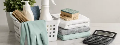 Cesta com produtos e luvas de limpeza ao lado de uma pilha de toalhas dobradas e uma calculadora sobre a bancada