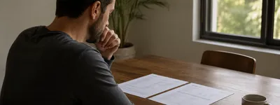 Homem visto de costas sentado à mesa, mãos apoiadas sob o queixo, observando dois documentos impressos sobre a mesa de madeira ao lado de uma xícara de café