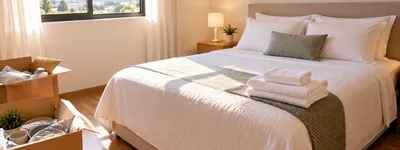 Quarto de imóvel de temporada recém-montado, com cama arrumada, enxoval branco e caixas de mudança abertas no canto