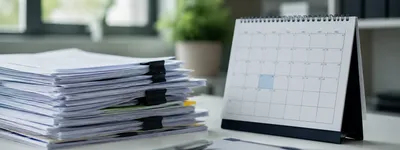 Pilha de documentos presos com prendedores pretos ao lado de um calendário de mesa espiral com um dia destacado em azul, caderno fechado e caneta em primeiro plano