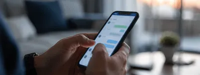 Mãos digitando uma conversa de mensagens no celular, com uma sala de estar desfocada ao fundo ao entardecer