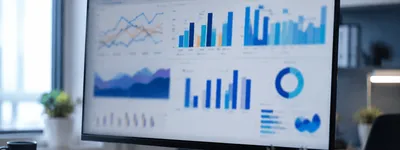 Monitor exibindo dashboard com gráficos de desempenho — linhas, barras e indicadores — em tons de azul
