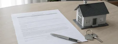 Documento de apólice sobre a mesa com uma caneta, ao lado de uma casa em miniatura e um chaveiro com chaves