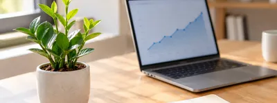 Planta em vaso crescendo ao lado de notebook com gráfico de busca subindo, sobre mesa clara de home office