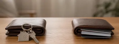 Duas carteiras de couro lado a lado sobre a mesa, uma com chaves de imóvel e outra com cartões, em luz natural