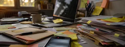 Mesa de trabalho bagunçada com notebook aberto, celular, pilhas de papéis e post-its coloridos espalhados, caderno e caneta em primeiro plano sob luz de fim de tarde