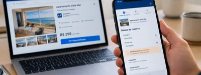 Mão segurando celular com um site de reserva travado numa etapa de confirmação, e ao fundo desfocado um notebook mostrando o mesmo imóvel numa plataforma de reservas
