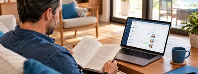 Administrador de temporada olhando o celular com atenção durante uma conversa, com um caderno de anotações e uma foto de imóvel ao lado, sugerindo escuta antes de responder
