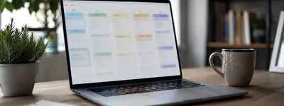 Laptop aberto sobre mesa de madeira exibindo um quadro kanban com colunas coloridas em azul, verde, amarelo, laranja e roxo, xícara de café e vaso de planta ao lado