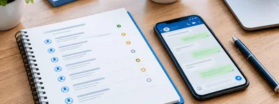 Caderno de registro aberto ao lado de um celular com conversa de WhatsApp, sugerindo o controle manual de histórico de hóspede em reserva direta