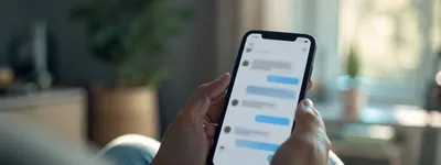 Mãos segurando um celular exibindo uma conversa de chat com balões de mensagem azuis e cinzas, sofá e janela desfocados ao fundo